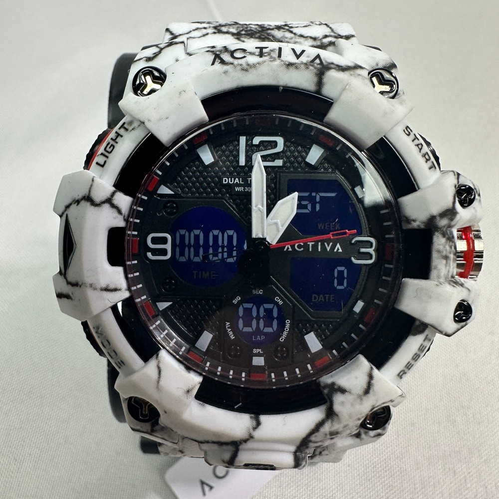 Activa Watch Men's White Marble Dual Time Analog Digital ACW8008-003 Streetwear